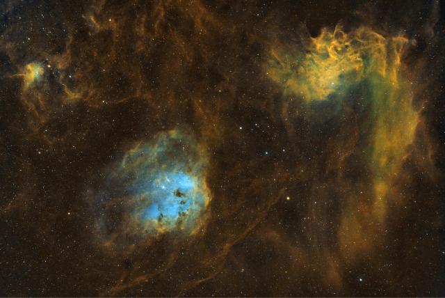 "IC405 IC410 - Tadpoles and Flaming Star."

Sebastian Goralik, Public domain via Flickr: https://flic.kr/p/2pAnqpP