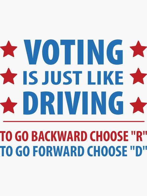 Red and blue lettering on a white background reads, “VOTING IS JUST LIKE DRIVING:
TO GO BACKWARD CHOOSE "R". 
TO GO FORWARD CHOOSE "D".