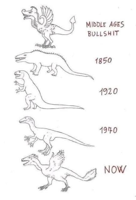 Depictions of dinosaurs from the Middle Ages through now. The Middle Ages image looks the most like now.