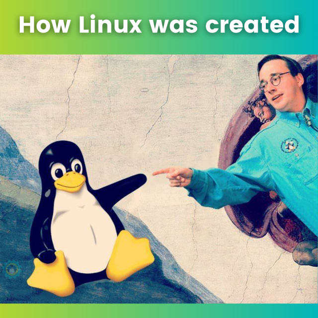 How Linux was created:

There's a painting of Linus Torvalds reaching out with his hand towards Tux, who is flowing down a river.