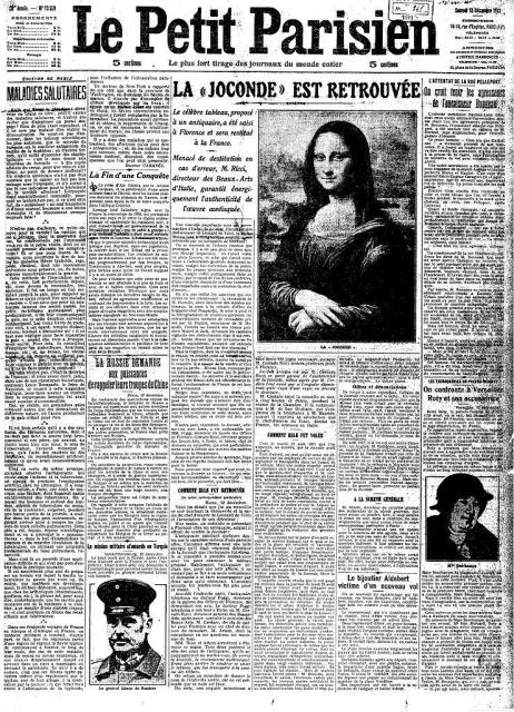 La Joconde est Retrouvée (Mona Lisa Found), Le Petit Parisien, Numéro 13559, 13 December 1913
 Le Petit Parisien - La Joconde est Retrouvée, Le Petit Parisien, Numéro 13559, 1913/12/13 (Numéro 13559), Gallica, BnF