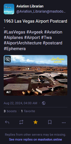 At the bottom of a standard toot by Aviation Librarian, the following is written.

"Replies from other servers may be missing."

Then, a clickable link states,

"See more replies on mastodon.online."