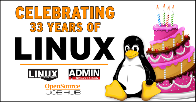 Celebrating 33 years of Linux | Linux Magazine, ADMIN, Open Source JobHub (illustration of a penguin sitting next to a birthday cake)