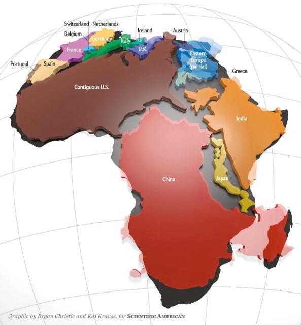 A map of continents where India China, the US and others are laying over an outline of Africa.