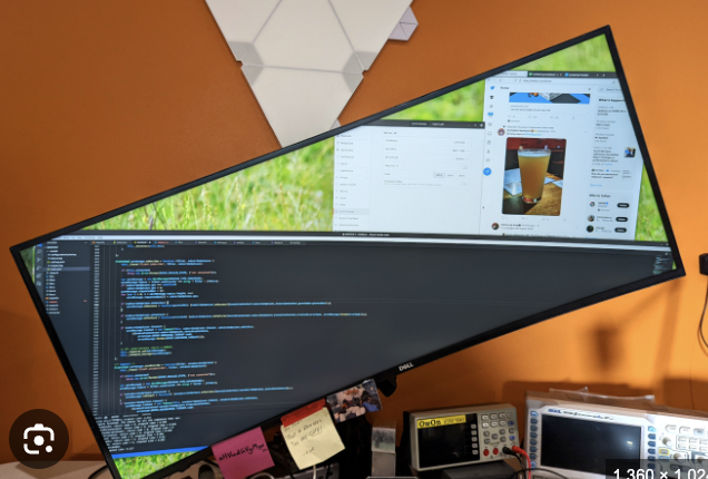 Image of a monitor displaying a Linux desktop. The monitor is tilted about 22 degrees, but the desktop is very much upright from the viewer's perspective.