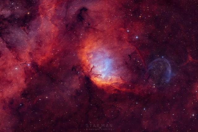 A picture of a starfield with red emission nebulae is shown. Toward the right is a point of light that is Cygnus X-1, a nearby black hole. Above the black hole is a blue-shaded bow shock wave in the surrounding gas.