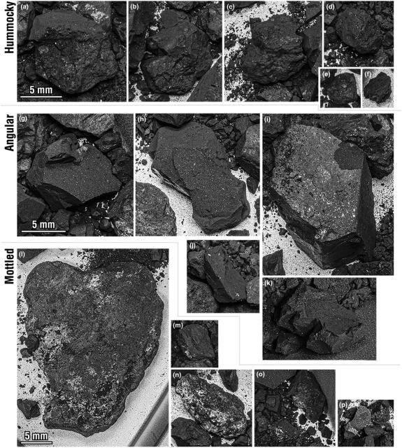 "Three broad categories of particles observed in the sample. Zoomed-in views of the AIVA image in Figure 5a, showing examples of hummocky (a–f), angular (g–k), and mottled (l–p) particles."

Dante S. Lauretta et. al., CC BY 4.0, via Wikimedia Commons.