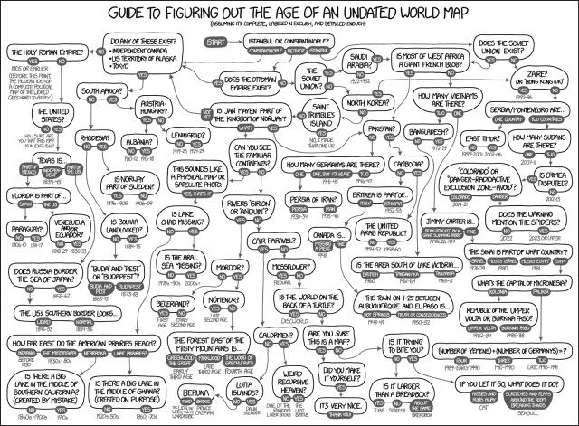 A hand-drawn flowchart in XKCD style empowers someone to lightheartedly estimate the age of a map based on the presence or absence of various nations, the spelling of various countries, and the shape of various borders. A few map jokes and Tolkien references pad out the matrix. 