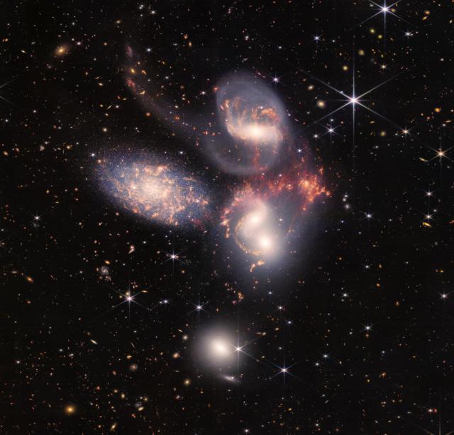 "Stephan's Quintet taken by James Webb Space Telescope."

National Aeronautics and Space Administration, European space agency, Canadian Space Agency, Space Telescope Science Institute, Public domain, via Wikimedia Commons.