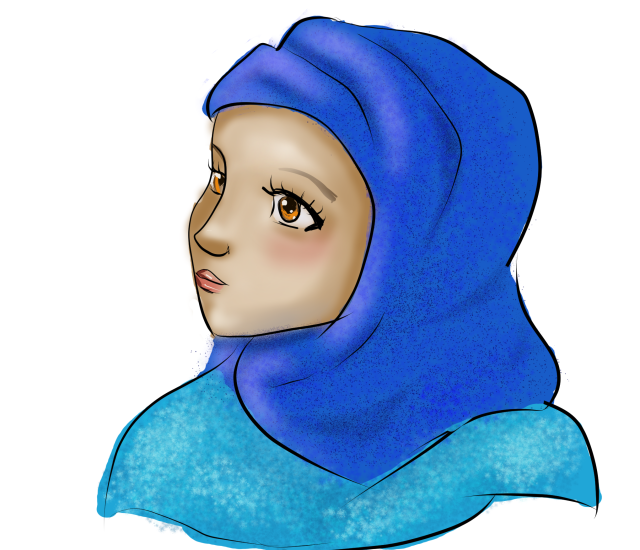 Woman with olive skin and brown eyes wearing a dark blue hijab and a light blue tunic