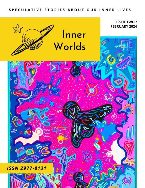 Issue two cover with a yellow banner and a colourful abstract pink and blue artwork