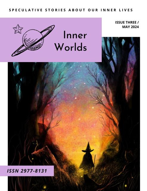 Issue three cover with a purple banner and a colourful peach, yellow, and blue picture of a small witch walking in a dark forest