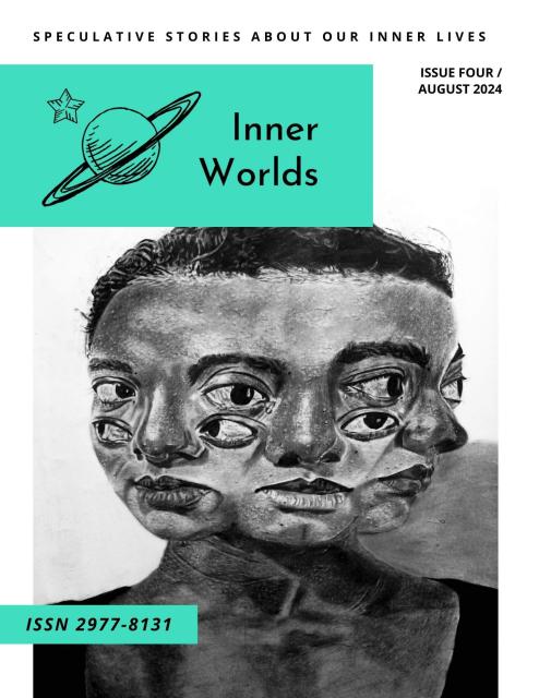 Issue four cover with a turquoise banner and a black and white drawing showing a person with many faces