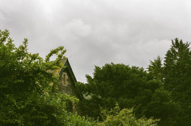 A grey stone building peaking from behind lush green woods underneath a grey overcast sky.