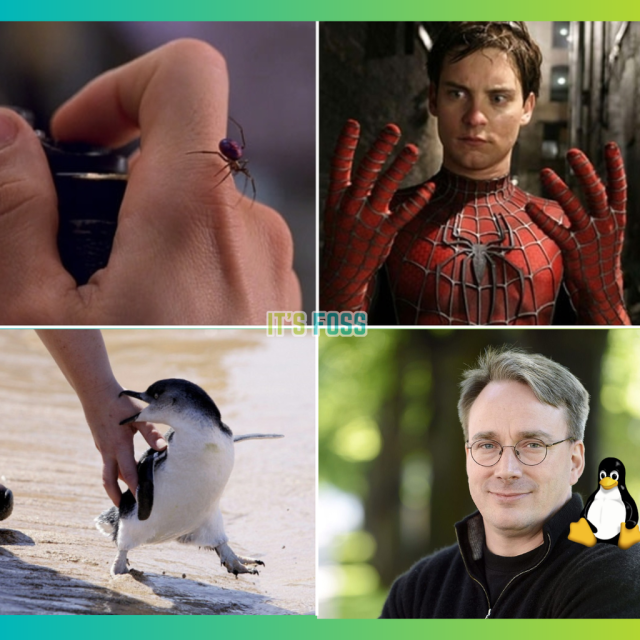 There are two sections to this:

In the first, a spider bites Peter Parker and he becomes Spider-Man.

In the second, a Penguin bites some person, then there's an edited photo of Linus Torvalds with Tux sitting on his shoulder.