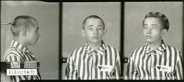 A mugshot registration photograph from Auschwitz. A man with a shaved head wearing a striped uniform photographed in three positions (profile and front with bare head and a photo with a slightly turned head with a hat on). The prisoner number is visible on a marking board on the left.