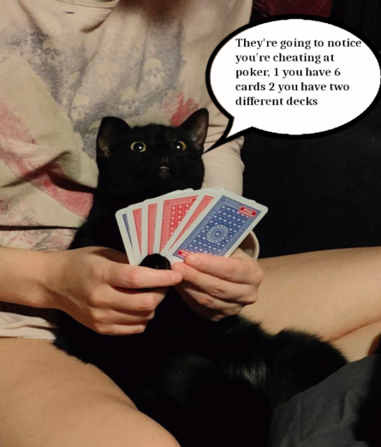 They're going to notice you're cheating at poker, 1 you have 6 cards 2 you have two different decks 