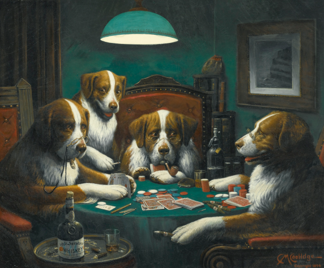 Poker Game, by Cassius Marcellus Coolidge from 1894, the original dogs playing poker painting

Four dogs around a poker table, wearing spectacles and smoking. One dog holds a set of cards in its paws, and there are cards and chips on the table.