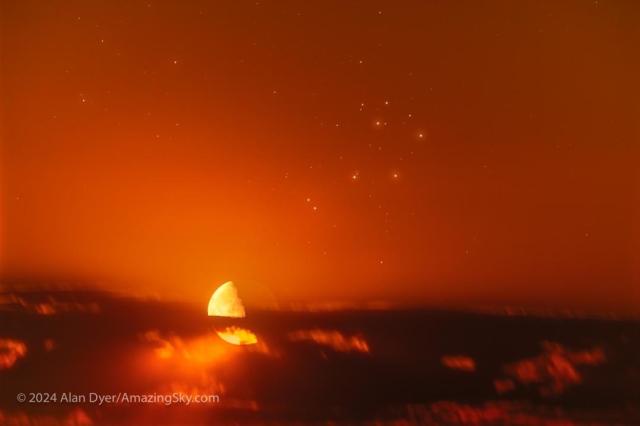 The featured image shows an orange sky with clouds across the bottom and several bright stars near the top center. Just at the top of the cloud deck on the left is a half-lit Moon.