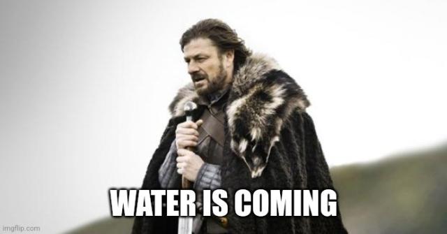 "water is coming" in the meme format from game of thrones of "winter is coming" (a man wrapped in furs with a sword stands stoic)