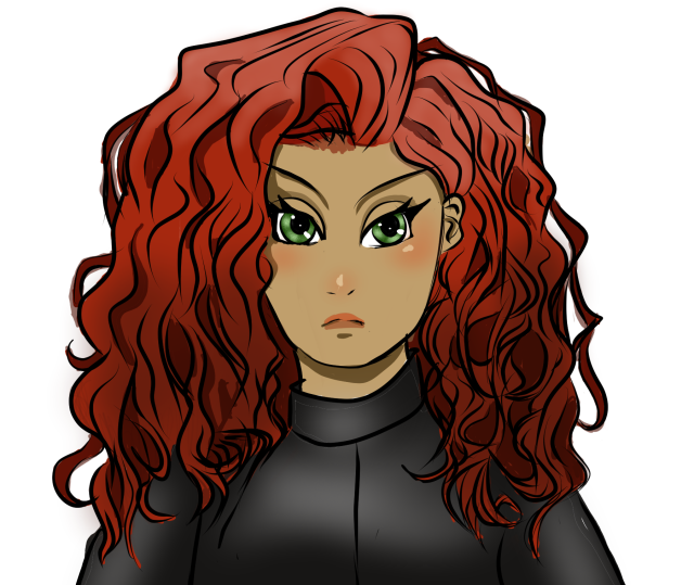 Woman with green eyes, Olive skin and curly auburn hair wearing a black coat against a white background