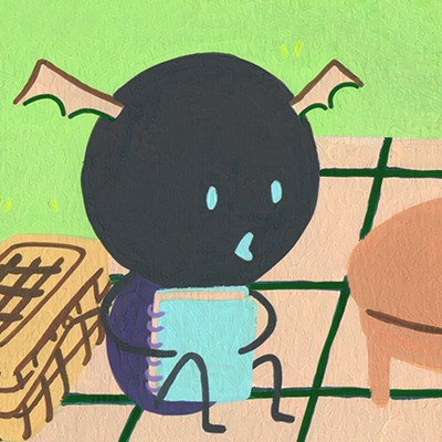 A cartoon goblin looking attentive, sitting on a picnic blanket and holding a notebook.