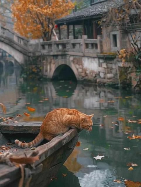 Orange cat on boat looking down at body of water. Fall, y'all.