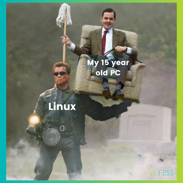 There's a man called “Linux”, carrying someone on his shoulder called “My 15-year-old PC” who is sat on a couch.