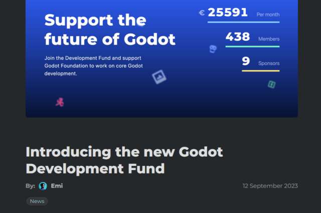 blogpost from the 12th of Setptember 2023, titled "Introducing the new Godot Development Fund"