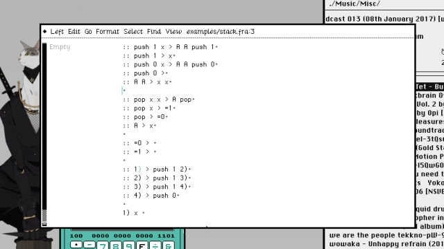 A fractran program that emulates a stack machine.