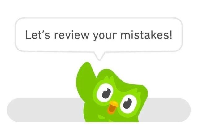 The Duolingo owl saying "let's review your mistakes"