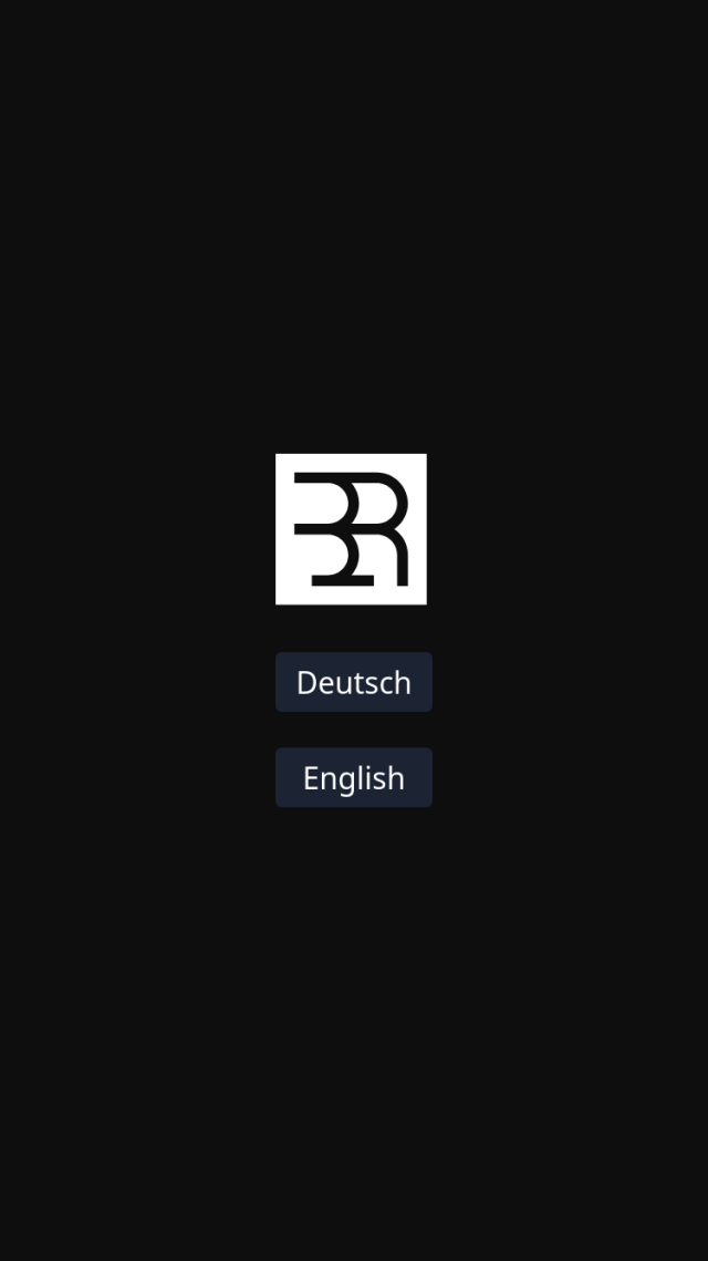 Black page showing just the feber logo, and two buttons: "Deutsch" and "English"