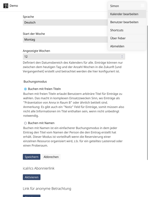 Feber's settings screen in german, now featuring a new field for language selection