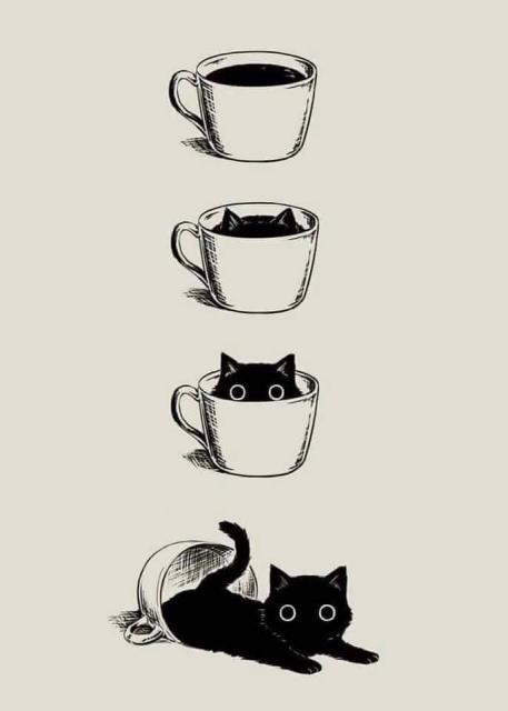 Art of a teacup with a tiny black kitty in it pouring itself out. Shown in descending order. IDK the artist.