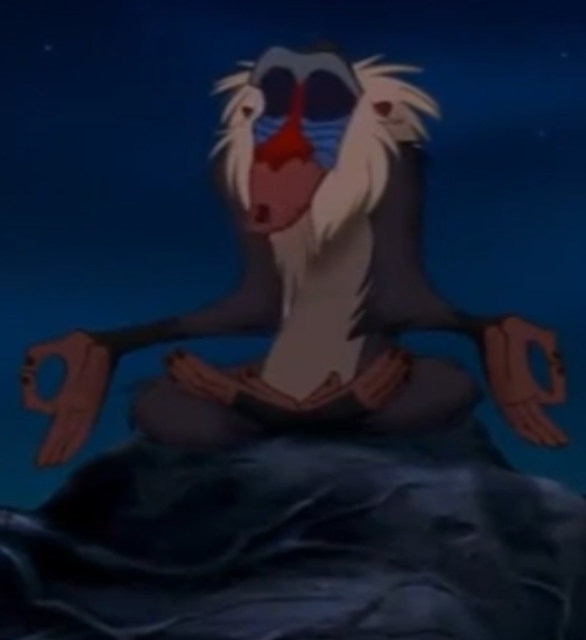 Rafiki sits cross-legged on a boulder at night and meditates.