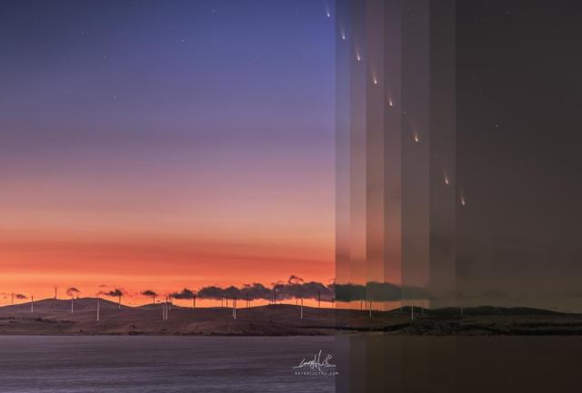 A sunrise sky is shown over water and trees. The horizon is orange and the top of the image is deep blue. On the far right vertical bands are shown becoming progressively darker. In each band a comet appears, with the comet appearing increasingly near the top of the image on lighter bands. The main part of the image on the left is the lightest.