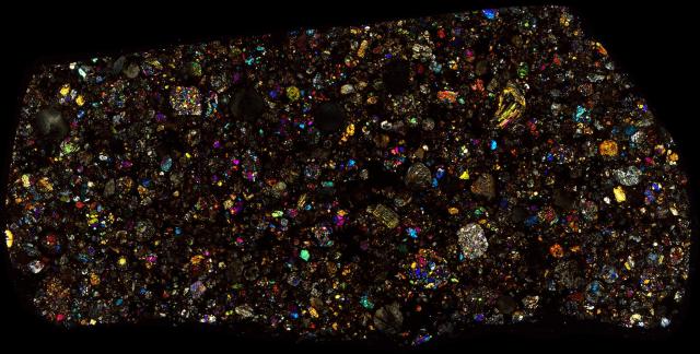 Chug Chug 009 Meteorite Thin Section - XPL HDR Pathscan Enabler.

Solar Anamnesis, CC BY-NC-SA 2.0 via Flickr: https://flic.kr/p/2iBUSPC