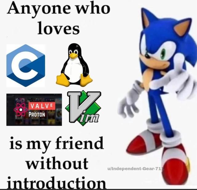 Anyone who loves C, Tux (Linux), Valve Proton, Vim is my friend without introduction.

There are the logos of the various aforementioned tools with Sonic standing nearby pointing towards the screen.