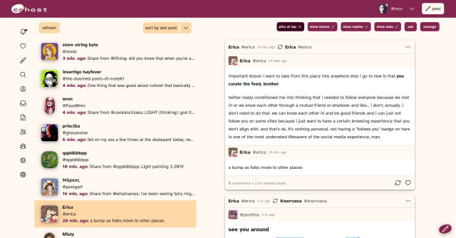 Screenshot of following view on cohost, seven recent posters on the left and Erica Aurahack's posts highlighted on the right.
