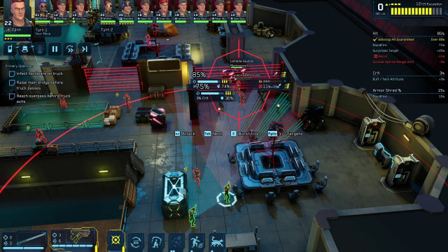 Screenshot from Cyber Knights: Flashpoint. Isometric turn-based tactics gameplay. A tactical RPG HUD shows an initiative order of characters under the player's control with various enemies mixed in, and a security level meter that reacts to the player going loud or choosing to take a more stealth game approach.