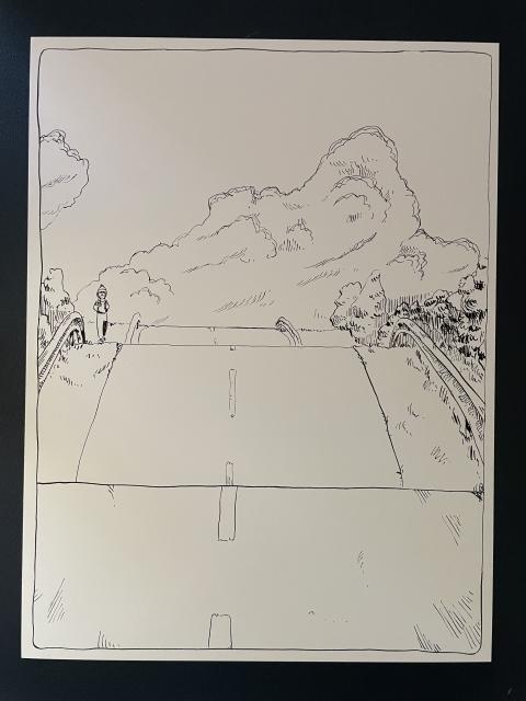 A full-page comic panel of our protagonist walking down an empty country road against a dramatic backdrop of clouds, ink on paper.