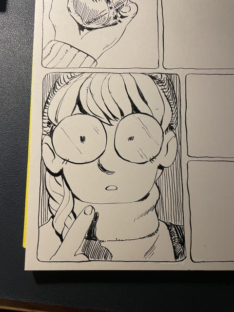 Close up on a panel depicting the protagonist, Jeannie, pointing at herself in disbelief after someone talked to her.