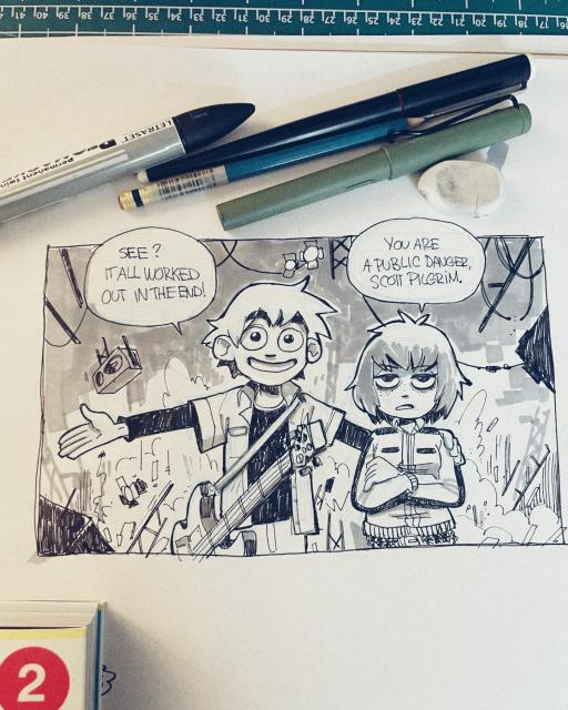 Illustration of Scott Pilgrim and drawing supplies