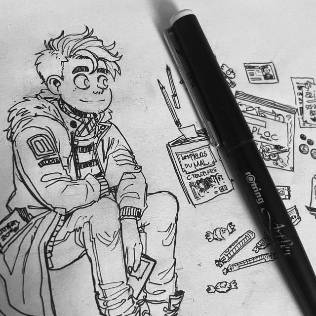 Drawing of a boy sitting down next to a fountain pen