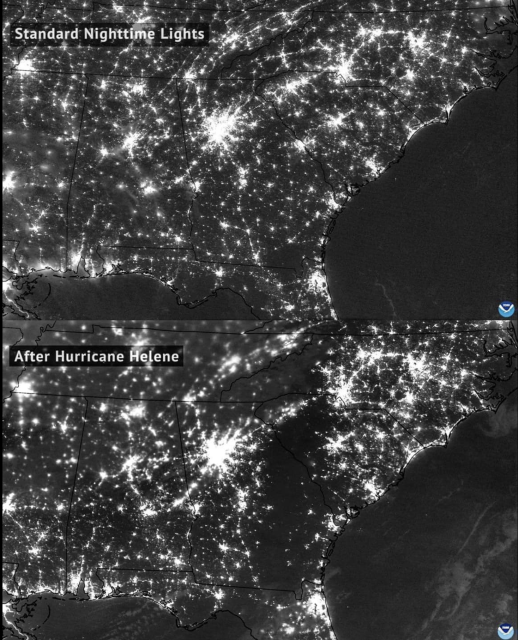Two pictures of the eastern United States from space, taken at night when you just see electric lights.

The one at the top is a normal night, and the one at the bottom is after the hurricane. You can see a broad, dark streak after the hurricane, showing the enormous area with no power.