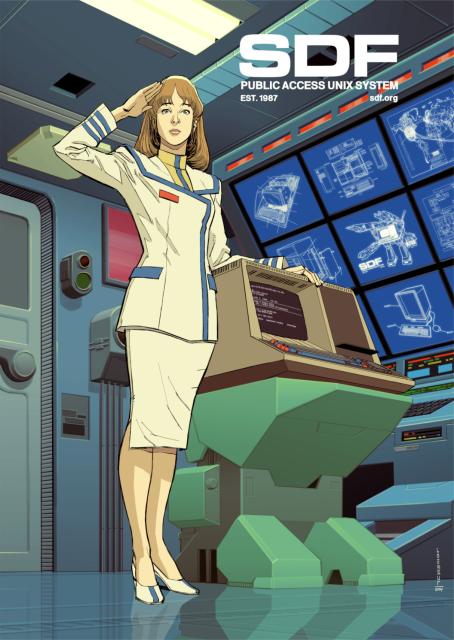 An illustration of Misa Hayase from the anime Super Dimension Fortress Macross standing next to a DEC VT52 terminal on the bridge of the SDF-1. 