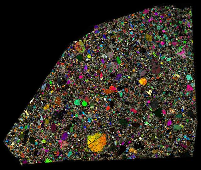 Northwest Africa (NWA) 7317 Meteorite Thin Section - XPL HDR Pathscan Enabler.

Solar Anamnesis, CC BY-NC-SA 2.0 via Flickr: https://flic.kr/p/2iBWg22