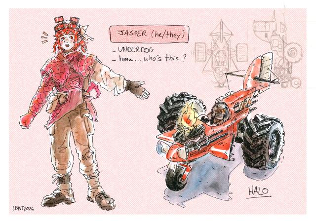 A character sheet with a watercolor drawing of Jasper and his vehicle Halo. Jasper is a young teen with red hair, red eyes and pale skin with freckles. They are wearing red padded protective gear over a white shirt and brown trousers. They have a white bandana around their head and square goggles. Halo is a small three-wheeled vehicle with the body of a red airplane, whit its wings and propeller cut off but a tail and rudder in working order, its been modified with two massive tractor wheels and suspensions, and a v3 engine with a flame floating over it.
The text says: Jasper (he/they). Underdog. Hmm... who's this?