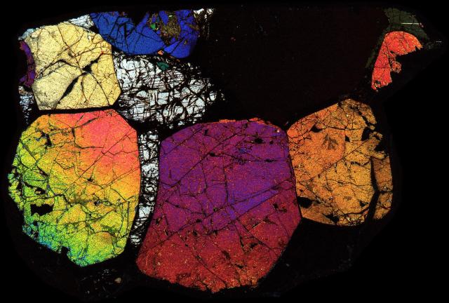 Springwater Meteorite Thin Section - XPL HDR Pathscan Enabler.

Solar Anamnesis, CC BY-NC-SA 2.0 via Flickr: https://flic.kr/p/2ibdooS