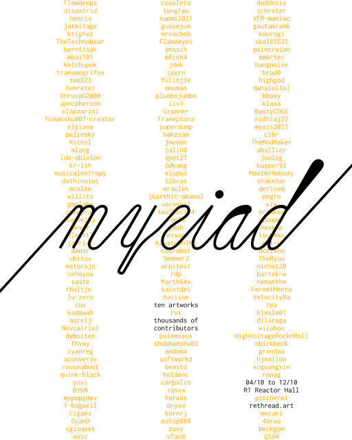 Poster for myriad. White background with small orange text in the background. In black, the text reads "myriad" in the center, then "ten artworks, thousands of contributors" below, and "04/10 to 12/10, R1 Reactor Hall, rethread.art" in the bottom right corner.